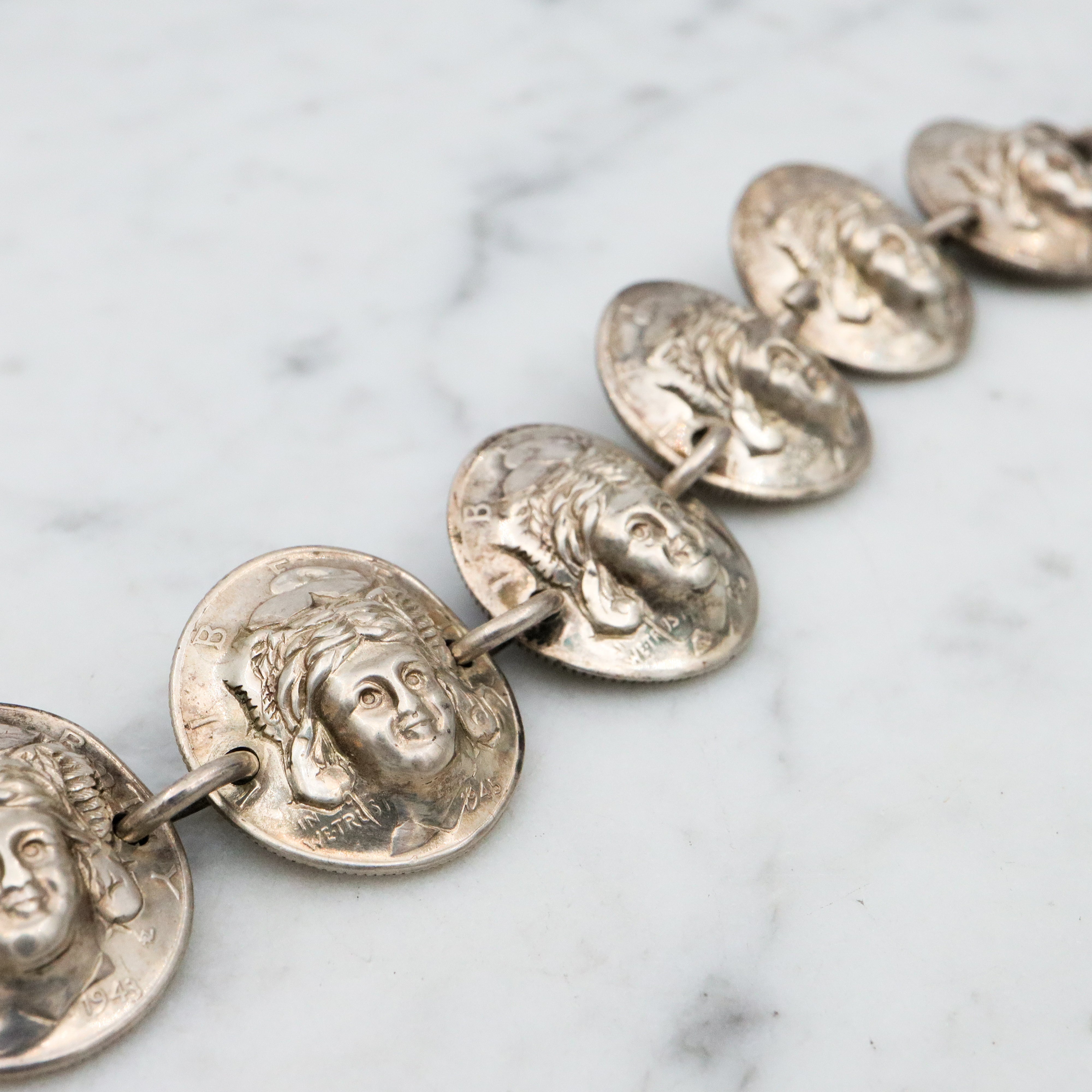 Antique 1940s silver Mercury dime pop out Liberty coin bracelet